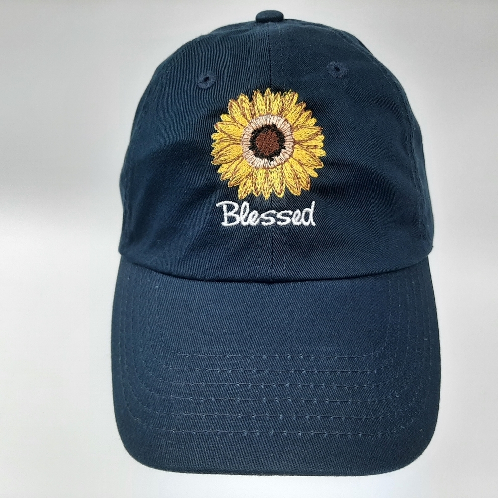 Blessed Sunflower Cap Navy Blue Relaxed Cotton Dad Hat Buckle Strap Embroidered
